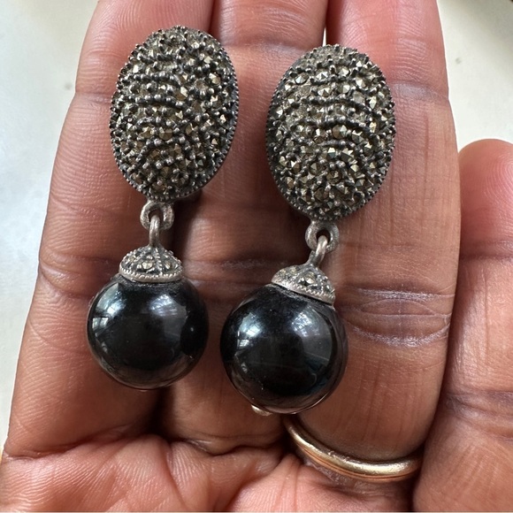Vintage Judith Jack Marcasite and Onyx Drop Earrings